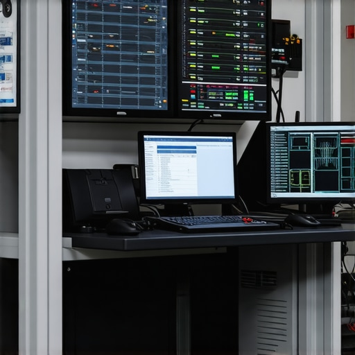 Modern auto repair shop with digital diagnostic tools and technicians analyzing vehicle data