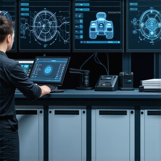 Futuristic automotive diagnostic station showcasing AI and ML interfaces in a modern repair shop