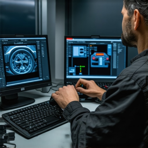 Technician using high-tech diagnostic equipment to analyze transmission system data.