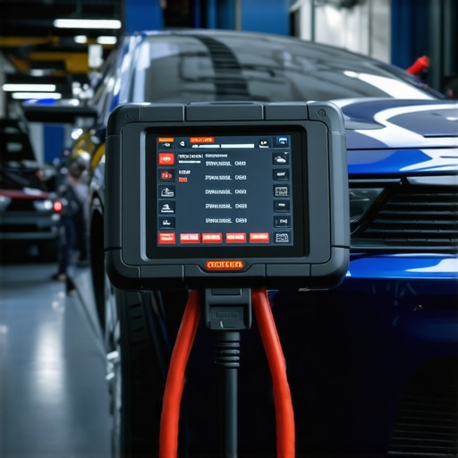 Diagnostic scanner connected to vehicle transmission system demonstrating advanced repair technology.