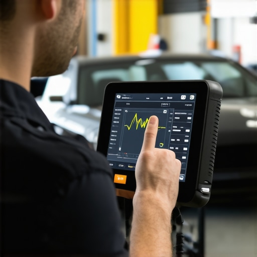 Automotive technician using high-tech scanner on vehicle transmission with real-time data display.
