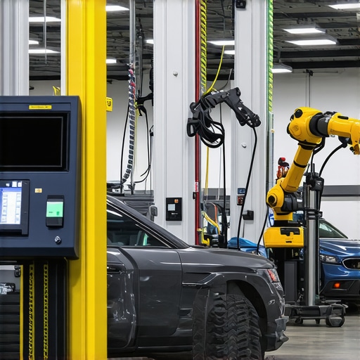 Modern auto repair shop with digital diagnostic equipment and robotic repair tools