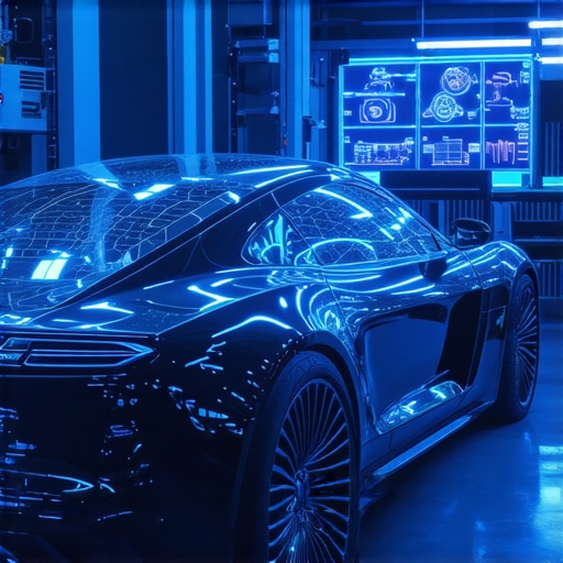 High-tech automotive diagnostics setup with AI interfaces and EV components