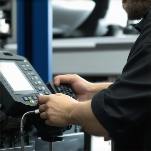 Technicians using modern diagnostic tools in an auto repair shop