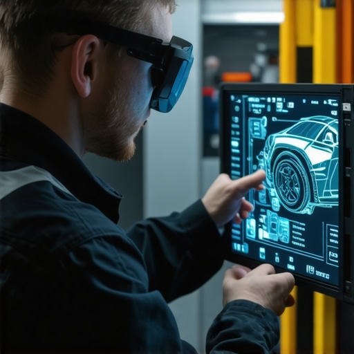 Technician using AR glasses to visualize vehicle transmission diagnostics in a modern workshop.