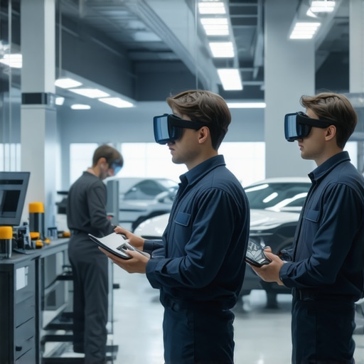 Technicians using advanced AI diagnostics and AR in a modern auto repair shop