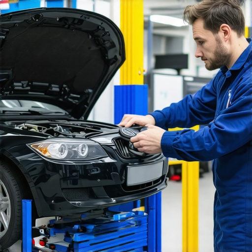 Technicians using advanced diagnostic tools on a modern vehicle transmission