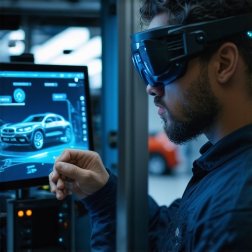 Technician wearing AR glasses analyzing vehicle diagnostics with AI-powered data overlays in a modern repair shop