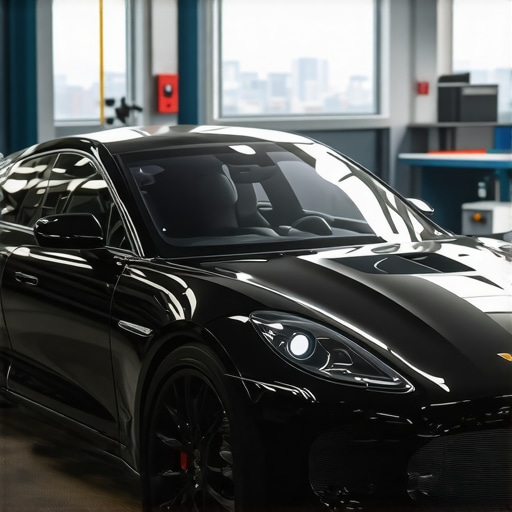 High-tech automotive diagnostic tools with AR and AI interfaces in a modern repair shop