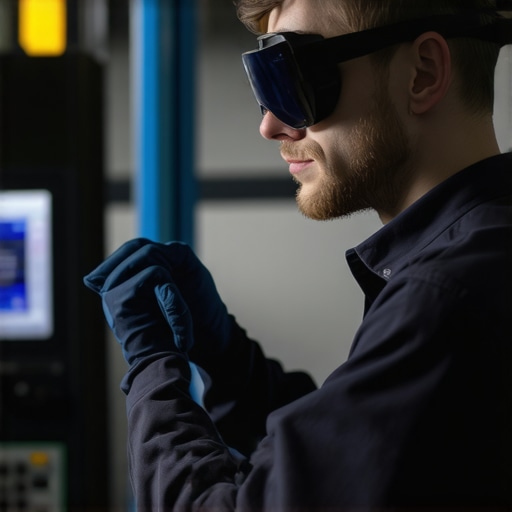 High-Tech Transmission Diagnostics with AR Technician using augmented reality glasses during transmission repair in a professional auto workshop.