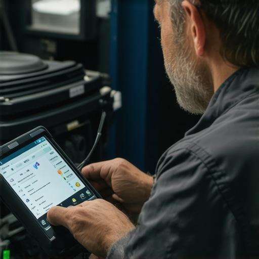 Technician analyzing transmission diagnostics with digital tools in auto repair shop