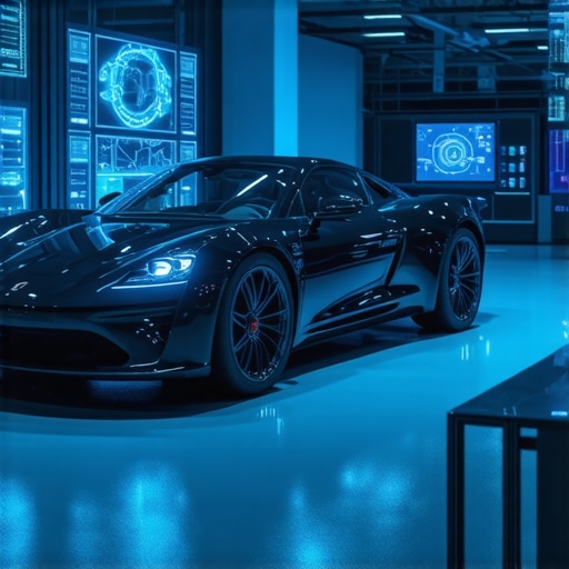 Technicians using AR glasses and AI tools in a modern auto repair shop