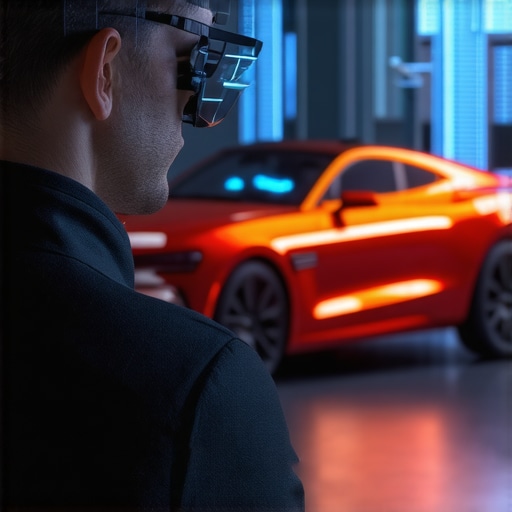 Technicians using augmented reality glasses in a high-tech automotive diagnostics lab