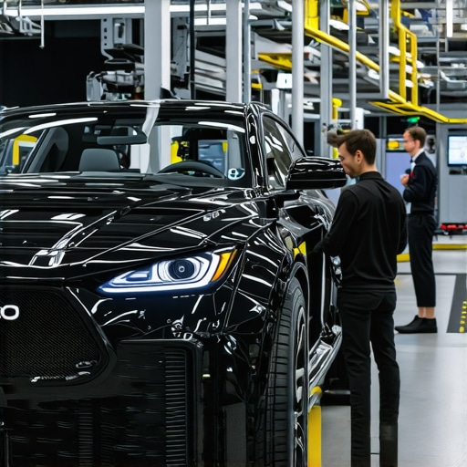 Technicians using AI-based diagnostic tools in a modern automotive lab