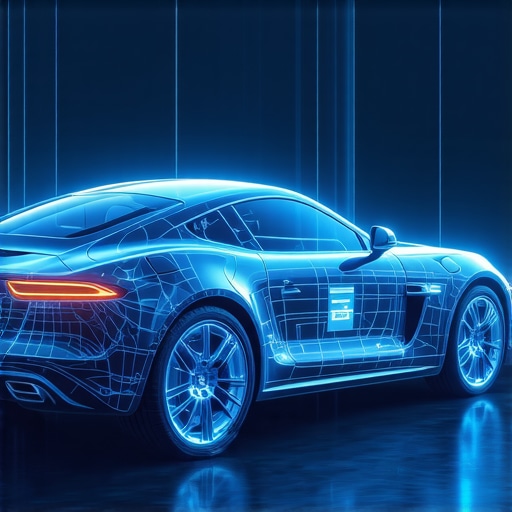 A modern auto repair shop featuring holographic display tools analyzing transmission systems.