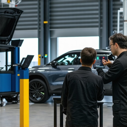 Technicians using AI-powered diagnostic tools in a modern auto repair shop