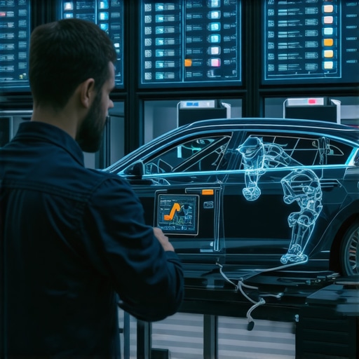 AI Diagnostics in Modern Auto Repair Futuristic auto repair environment with advanced AI diagnostic systems