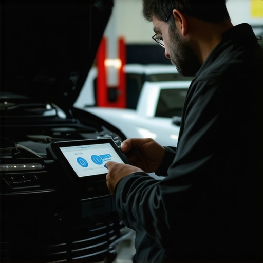 Technician interfacing with advanced diagnostic equipment connected to a car