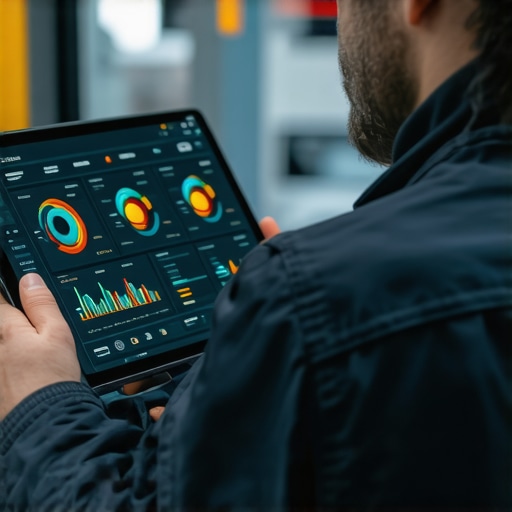 Technician analyzing vehicle transmission data on a digital tablet with AI insights