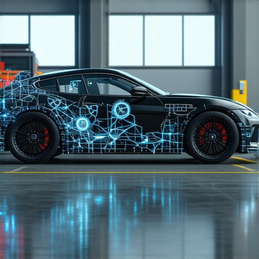 AI-Powered Vehicle Diagnostics Interface Futuristic automotive diagnostic device analyzing vehicle data with neural network visualization