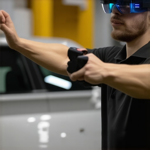 Technician with AR glasses diagnosing a car in a high-tech garage.