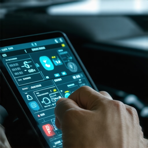 Technician analyzing hybrid transmission diagnostics using sophisticated multi-layered tools.