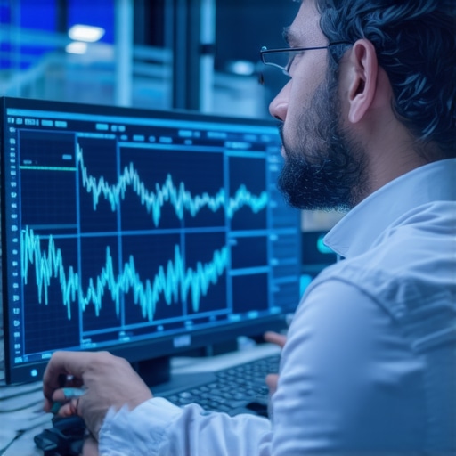 Advanced Transmission Data Analysis Interface Technician working on a diagnostic screen displaying spectral graphs and neural network patterns.