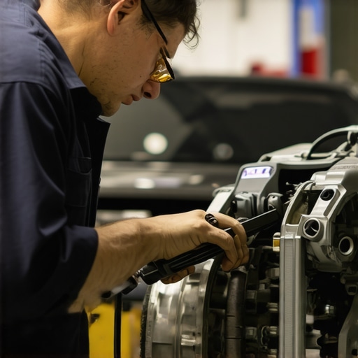 Technician analyzing transmission data with digital tools