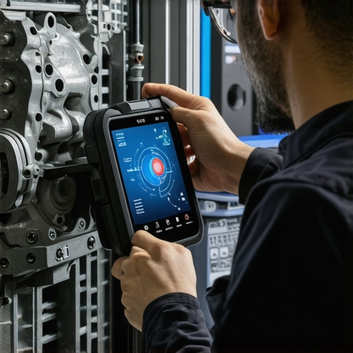 Technician using augmented reality glasses to assist in transmission repair, highlighting innovative diagnostic techniques.