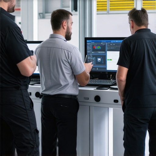 Technicians using digital diagnostics in a modern auto repair shop