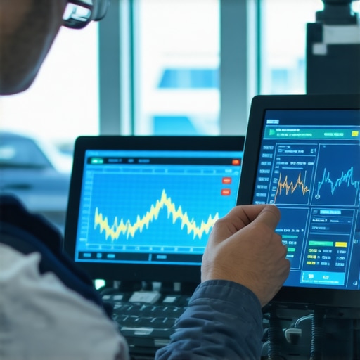 Technician using a high-tech diagnostic scanner to assess vehicle transmission health.