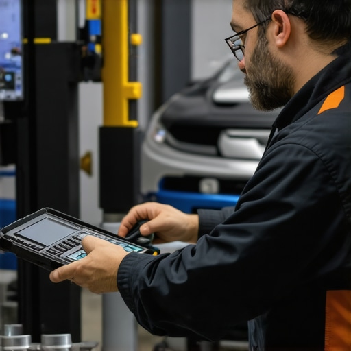 Advanced Vehicle Diagnostic Equipment in Use Mechanic diagnosing a modern vehicle's transmission with high-tech tools