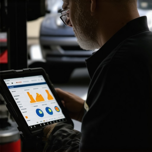 Technician using modern diagnostic tools to analyze vehicle data