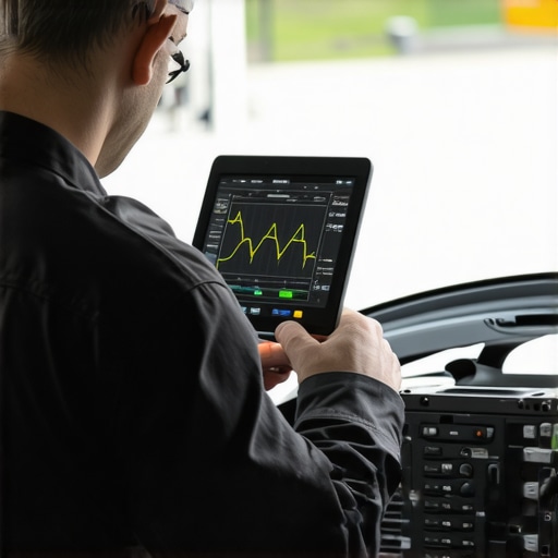 Advanced Vehicle Electronics Diagnostics Technician using diagnostic equipment to analyze vehicle wiring and signal patterns