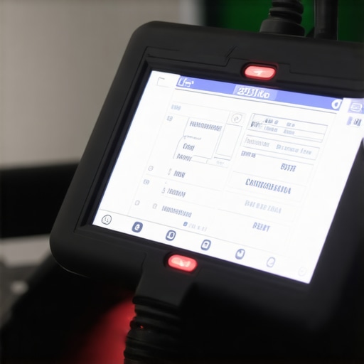 Close-up of a professional auto technician's hands operating a diagnostic scanner connected to a vehicle.