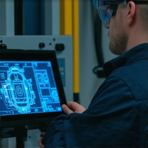 Augmented Reality Diagnostic in Auto Repair Auto technician wearing AR glasses diagnosing car transmission with digital component overlays.