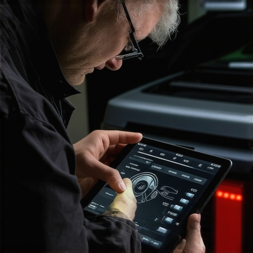 Automotive technician reviewing transmission diagnostics with digital tools Technician using digital diagnostic device to assess vehicle transmission health