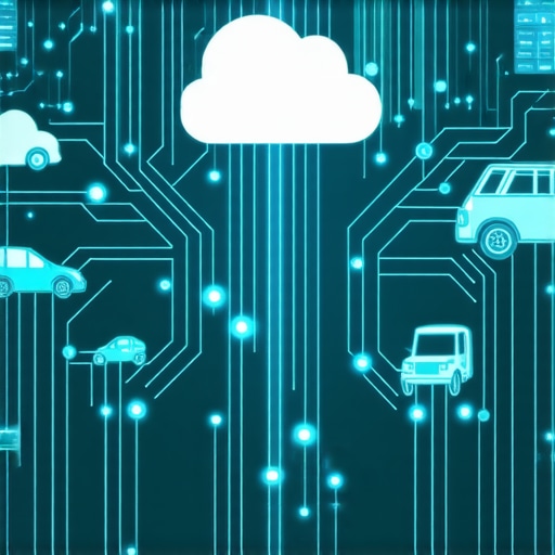 Connected Vehicle Data Ecosystem Illustration of cars connected via cloud network analyzing vehicle data remotely.