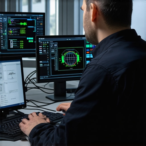Technician using diagnostic tools to analyze vehicle network signals in a high-tech repair shop.