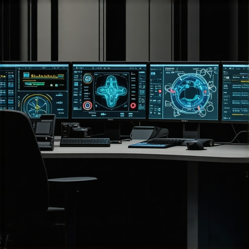 A modern auto repair shop with advanced diagnostic tools and digital twin displays.