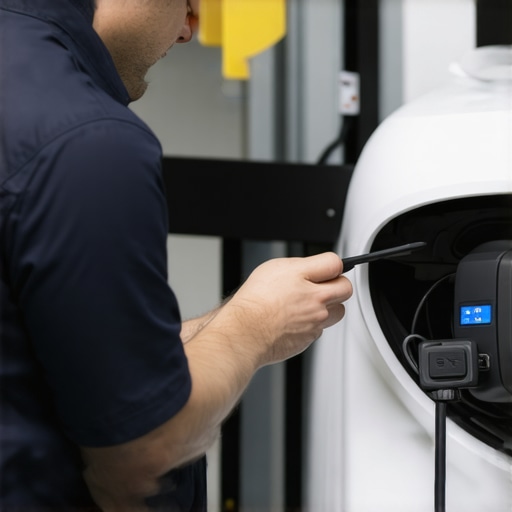 EV Transmission Diagnostic Procedure A technician using a diagnostic scanner on an electric vehicle transmission system in a modern auto repair shop.