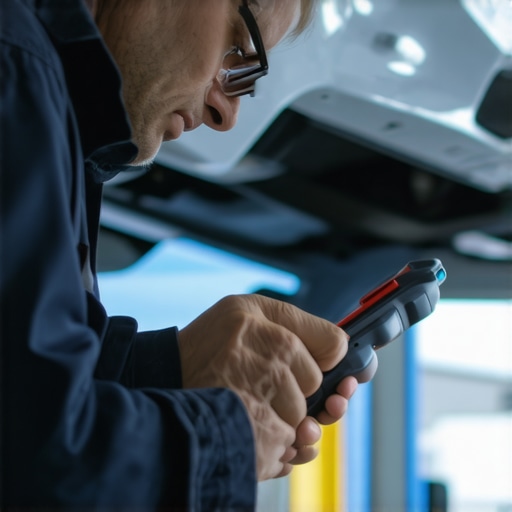 Mechanic operating a high-tech diagnostic scanner on a transmission system.