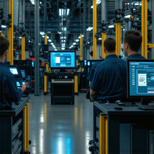 High-Tech Auto Repair Diagnostics Technicians using modern diagnostic equipment in a sleek automotive repair shop.