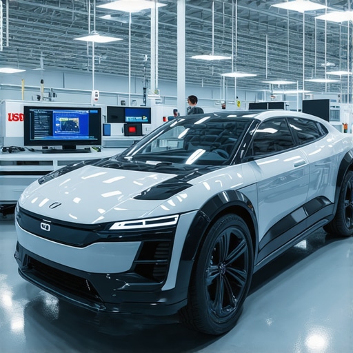 Modern automotive diagnostic lab with technicians analyzing hybrid vehicle data using advanced tools