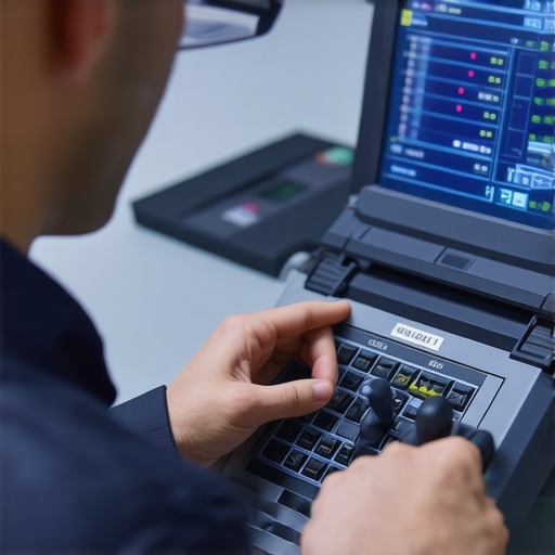 Automotive technician performing digital diagnostics on a vehicle transmission