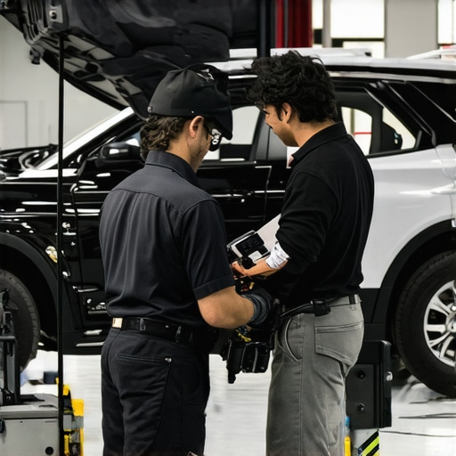 Technician performing diagnostic checks on hybrid vehicle transmission with advanced tools