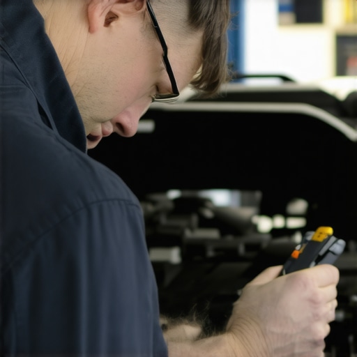 Mechanic analyzing vehicle transmission with high-tech diagnostics