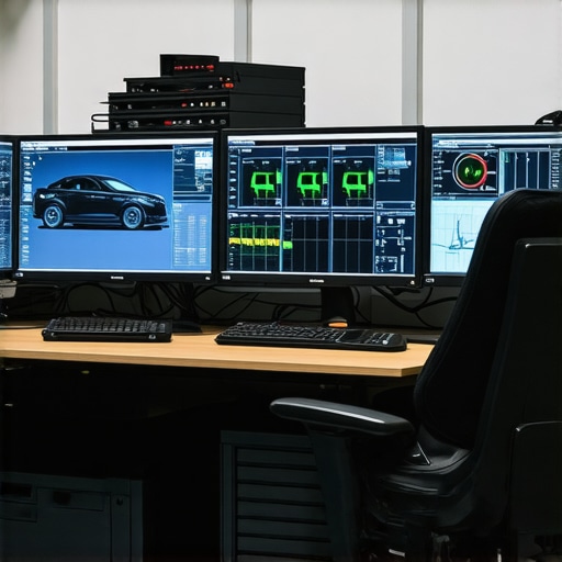 Modern Vehicle Diagnostics in Action Technician analyzing transmission diagnostics data on multiple monitors in a modern repair bay
