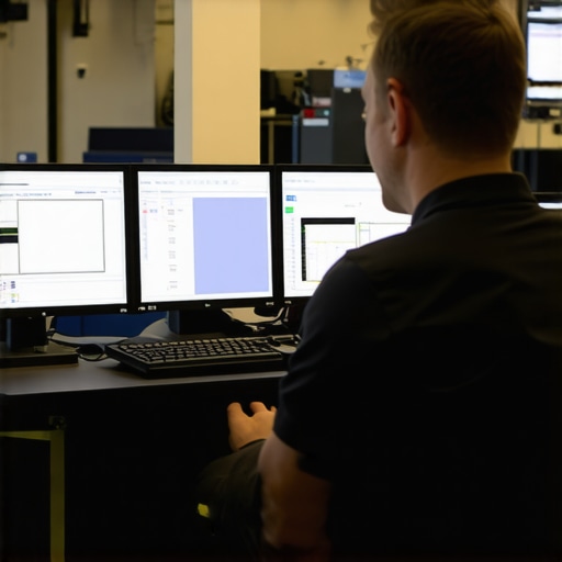 Automotive technician using advanced diagnostic tools with digital screens