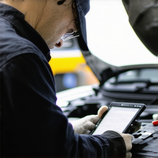 Technician inspecting vehicle transmission with high-tech diagnostic device